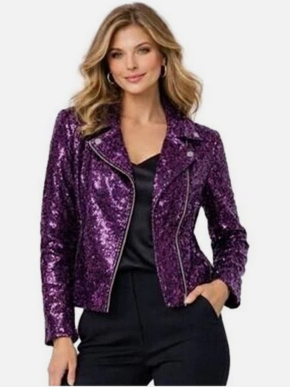 Colleen Lopez Women's Luxe Sequin Moto Jacket Violet Rose Size Large NIB